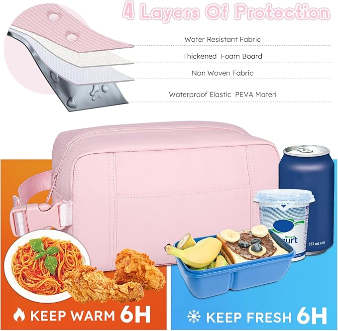 NOL Natural Organic Lifestyle Freezable Snack Bag, Leakproof Cooler Lunch Bag, Reusable, Zip Closure with Buckle Handle Nylon Waterproof Snack Box for Work Travel-Pink