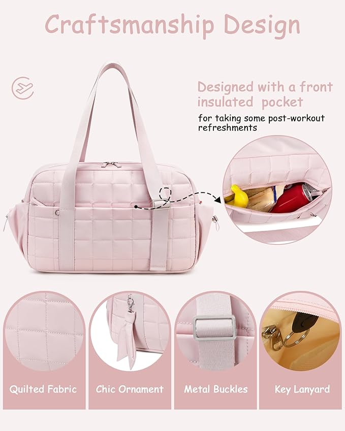 CAMTOP Mini Gym Bag for Women, Small Gym Tote Bag Puffy Quilted Sports Duffel Bag with Wet Compartment and Coin Purse Duffel Bags Dance Yoga Workout Bag for Gifts (Pink, Medium-16")