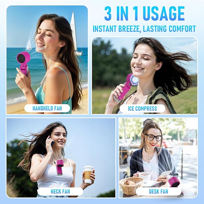 Portable Handheld Turbo Fan with Ice Cooling, Rechargeable Personal Fan, Up tp 12Hrs Cooling, 5 Speed 25550RPM Powerful Portable Fan for Travel, Outdoor, Camping, Hiking (Magenta)