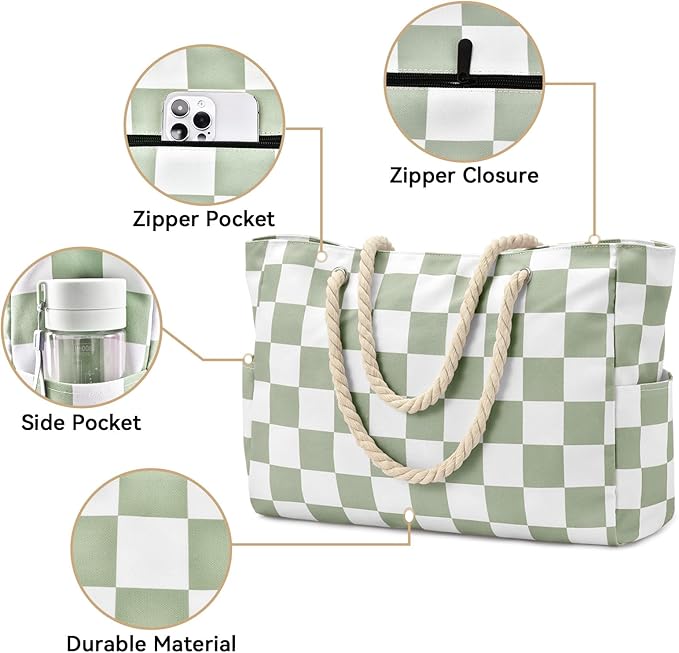 Becokan Beach Bags for Women Checkered Large Beach Tote Bag Zipper Beach Bags Waterproof Sandproof Canvas Swim Pool Bag