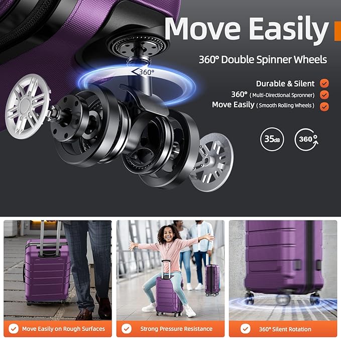 SHOWKOO Luggage Sets Expandable 100% PC Durable Suitcase Sets Double Wheels TSA Lock 4 Piece Luggage Set Purple