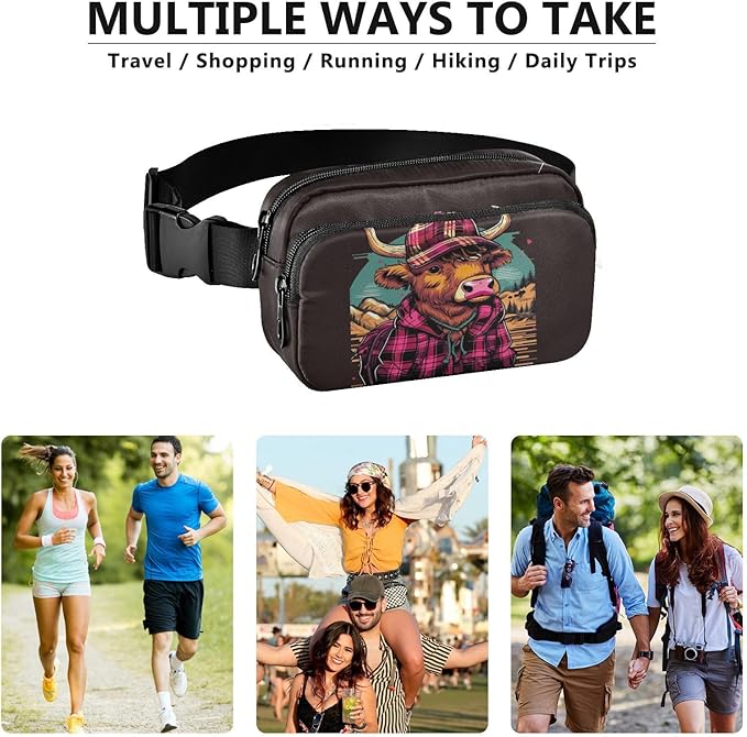 Scottish Highland Cow with Plaid Set Fanny Pack for Women Men Water Resistant Fashion Waist Packs with Adjustable Strap Belt Bag for Travel Workout Jogging Hiking 21218539