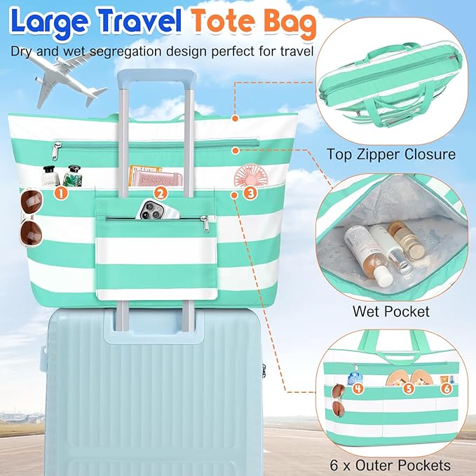 BKNOOU Extra Large Beach Bags Waterproof Sandproof XL Beach Tote Bag for Women Zipper Foldable Swim Pool Bag with Wet Pocket