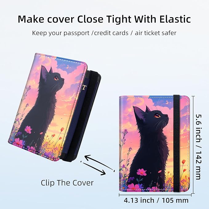 Passport Holder for Travel, RFID Blocking Passport Holder Travel Walle, Passport and Vaccine Card Holder, Vacation Must Haves Travel Accessories for Men Women, Cat's Sunset Gaze