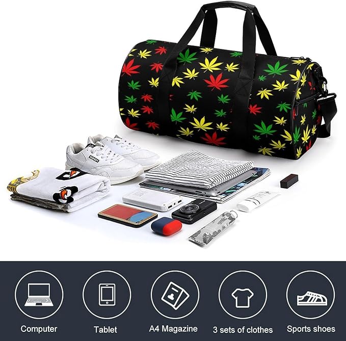 Foldable Gym Bag Rasta Flag Red Yellow Green Jamaican Weedleaf Leaves Black Lightweight Travel Sports Bag Carry On Weekender Overnight Bags Beach Yoga Bags