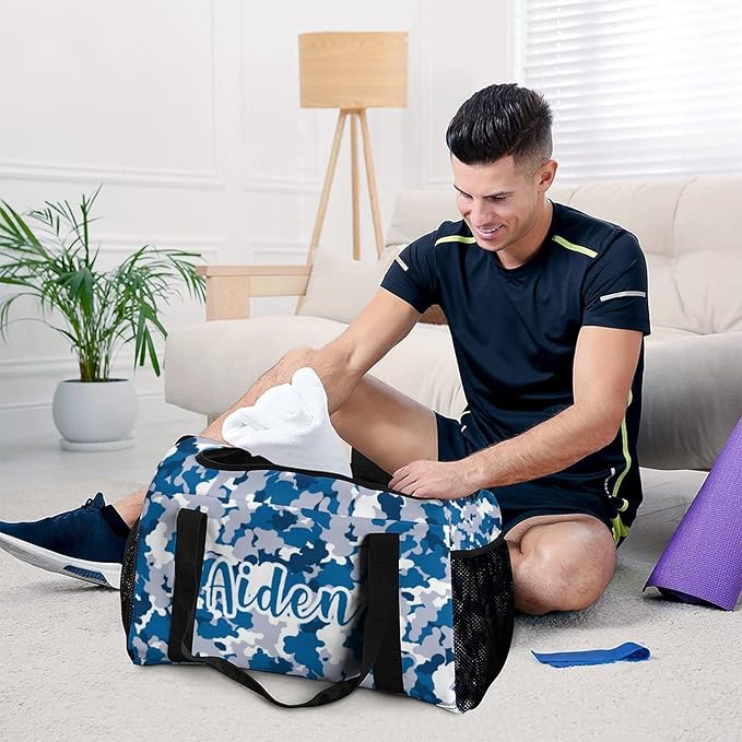 Blue Grey Camouflage Camo Pattern Shoe Bag Waterproof Travel Bag Duffel Bag Adjustable Shoulder Strap Perform Training for Women Men Casual Bag