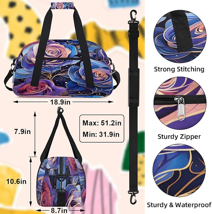 Travel Duffle Bag, Purple Roses Waterproof Weekender Overnight Bags for Women Men Lightweight Carry on Duffle Gym Bag for Travel, Sports, Fitness, Workout