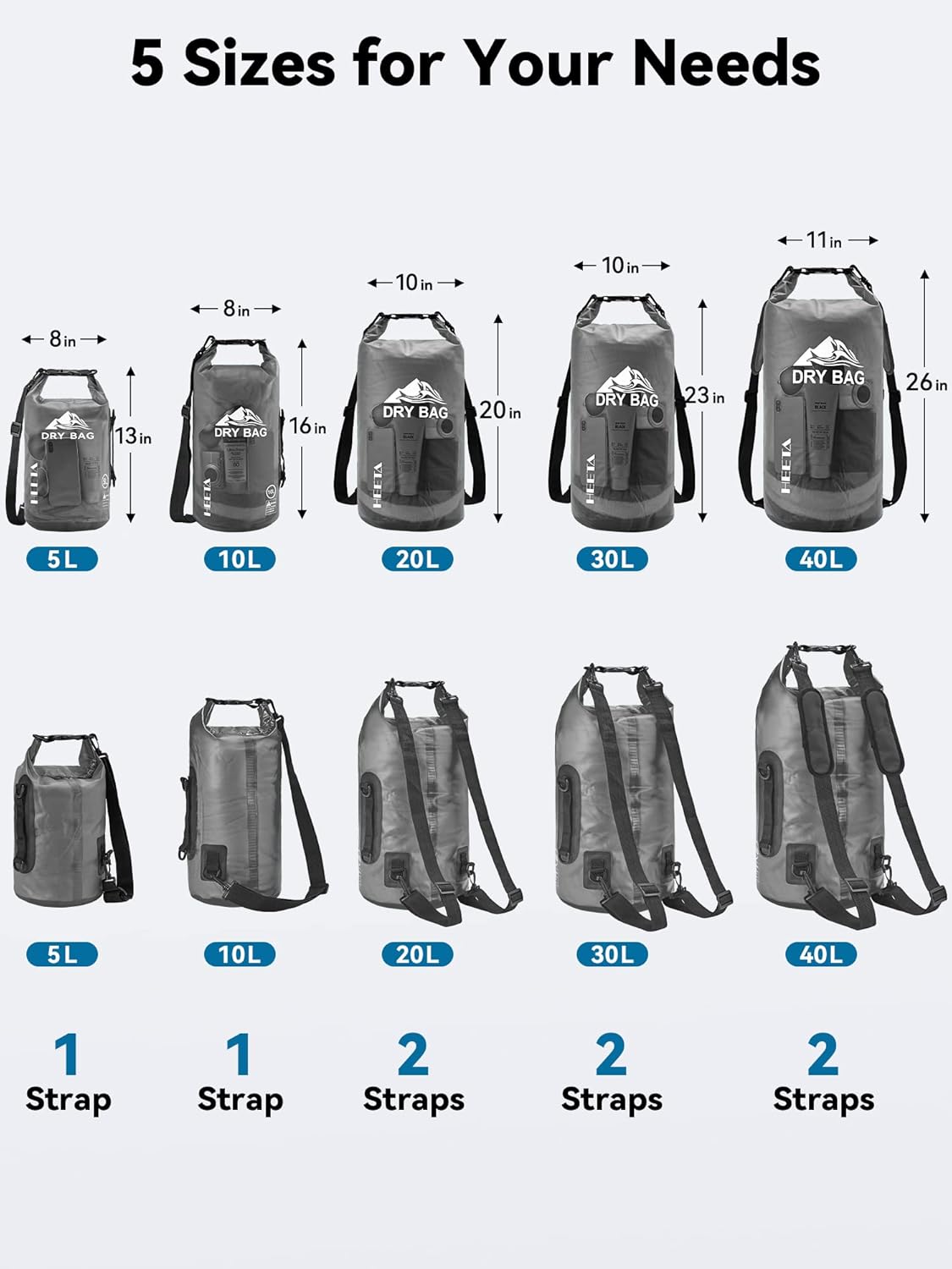 HEETA Dry Bag Waterproof for Women Men, 5L/10L/20L/30L/40L Roll Top Lightweight Dry Storage Bag Backpack with Phone Case for Travel Swimming Boating Kayaking Paddle Board Camping Beach Accessories