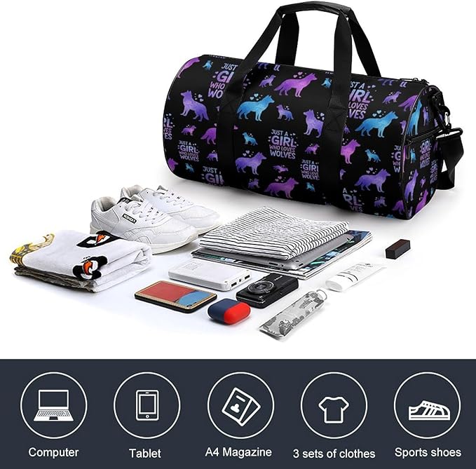 Durable Travel Gym Sports Bag Just Girl Who Loves Wolves Workout Lightweight Foldable Overnight Bag Training Workout Bags