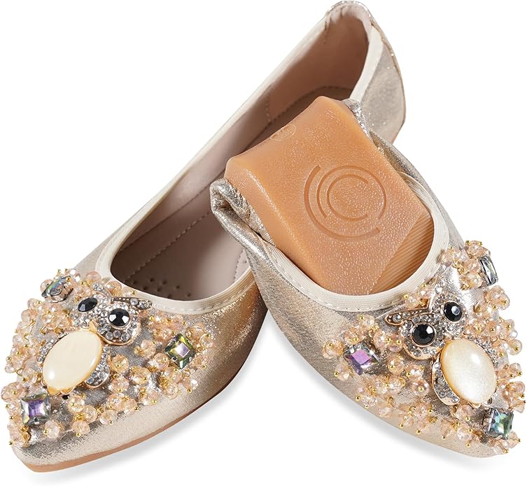 Women Ballet Flats Sparkly Rhinestone Wedding Ballerina Shoes Pointed Toe Foldable Comfort Slip on Flat Dress Shoes