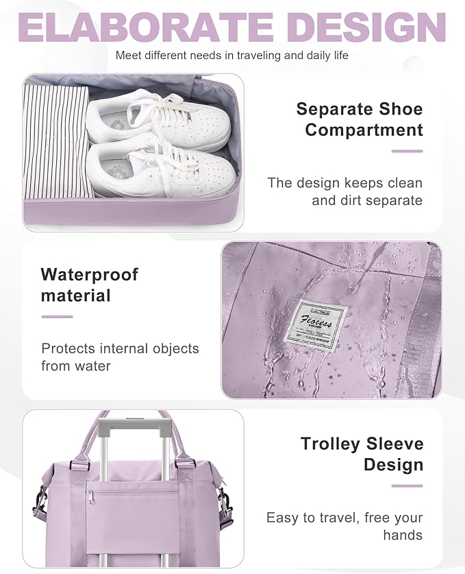 Travel Duffel Bag, 18x14x8 Inches Travel Bag Spirit with Shoes Compartment, Weekender Overnight Bag for Women with Trolley Sleeve, Carry On Bag for Airplanes Sport Tote Gym Bag Purple
