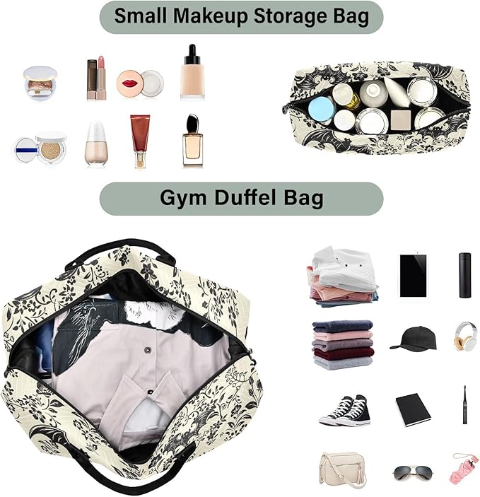 Goth Bat Quilted Travel Bags Weekender Duffle Bags With Toiletry Bag Carry on Overnight Duffels Yoga Gym Bag for Airplanes Business Sports