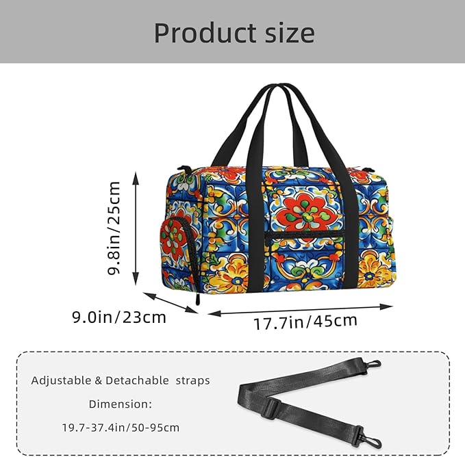 Sports Gym Bag Mexican Talavera Tiles Ethnic Travel Duffel Bag With Shoe Compartment Shoulder Strap, Lightweight Water-Resistant Weekend Overnight Totes For Women Men