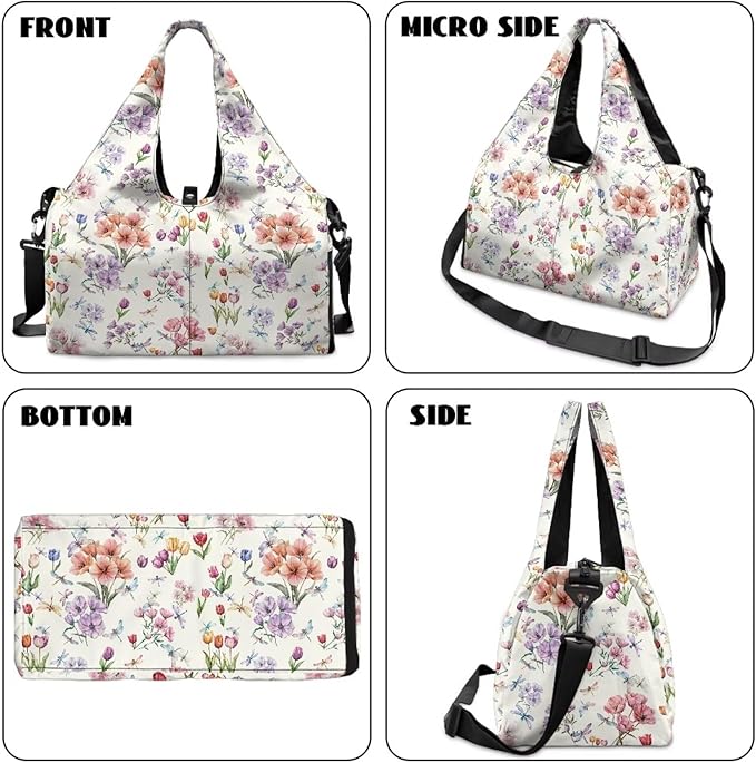 Tulip Floral Print Gym Bag for Women Duffle Bag with Shoe Compartment and Yoga Mat Holder Carry On Tote Bags for Sports Travel Hospital Fitness Swim Elegant Tote Bags with Zipper