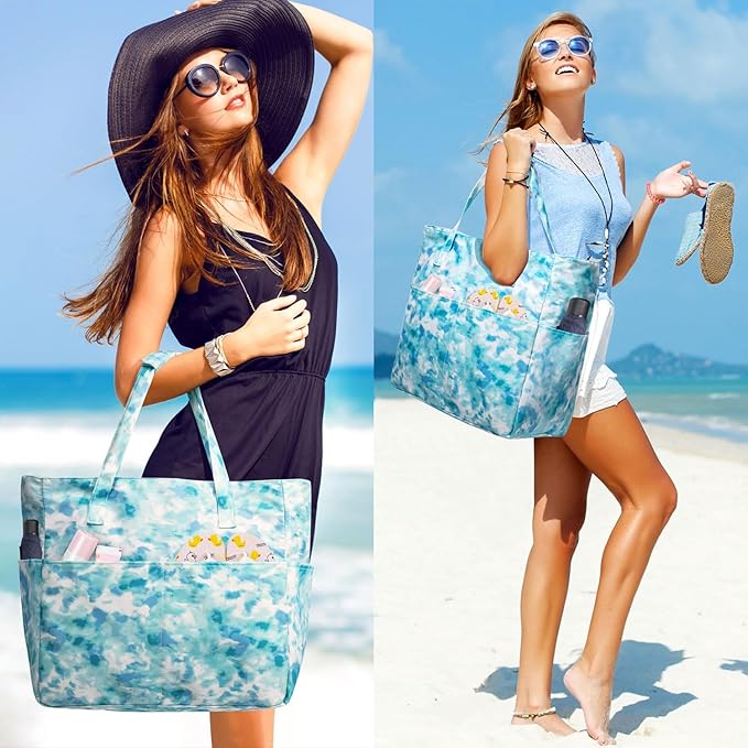 KABAQOO Extra Large Beach Bag Waterproof Sandproof Women Beach Tote with Zipper & Wet Compartment for Pool Gym Grocery Travel