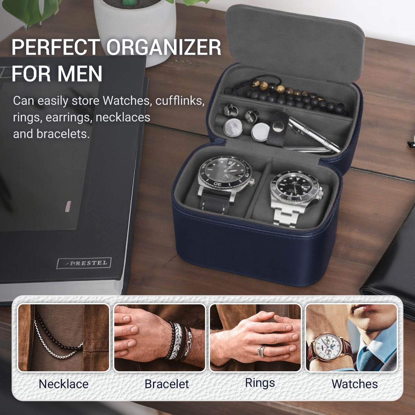 CONBOLA 2 Watch Travel Case for Men with Accessory Compartment,Compact Watch Box for Men Jewelry Case with Microsuede Interior,PU Leather Protect Fits Watches & Smartwatches Up to 55mm. (Deep Blue)