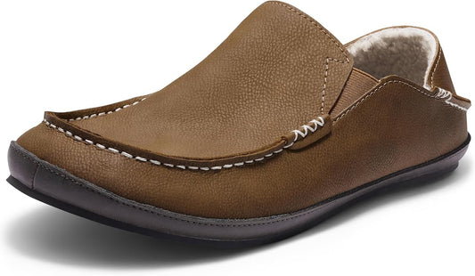 Men’s Premium Everyday Moccasin Slippers Crafted Leather Upper Plush Shearling-Style Lining Removable PU Arch Support Insole with Deep Heel Cup Non-Slip Non-Marking Rubber Sole Fold-Down Heel Indoor Outdoor