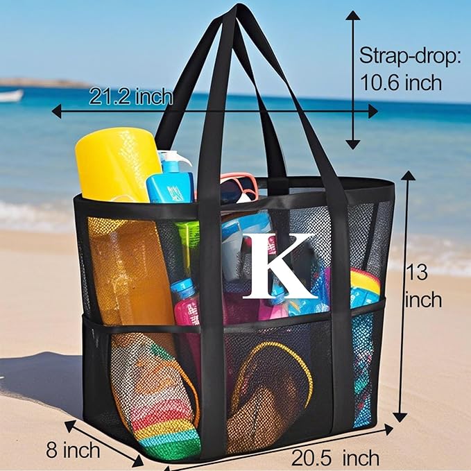 Personalized Mesh Beach Bag for Women - Waterproof Initial Tote Bag for Family Travel, Toys, Vacation Essentials