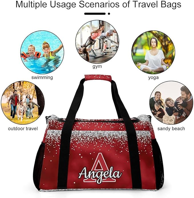 Red Bling Print Personalized Travel Bag with Name for Women Men Custom Duffel Bag Weekender Bags Sports Tote Gym Bags