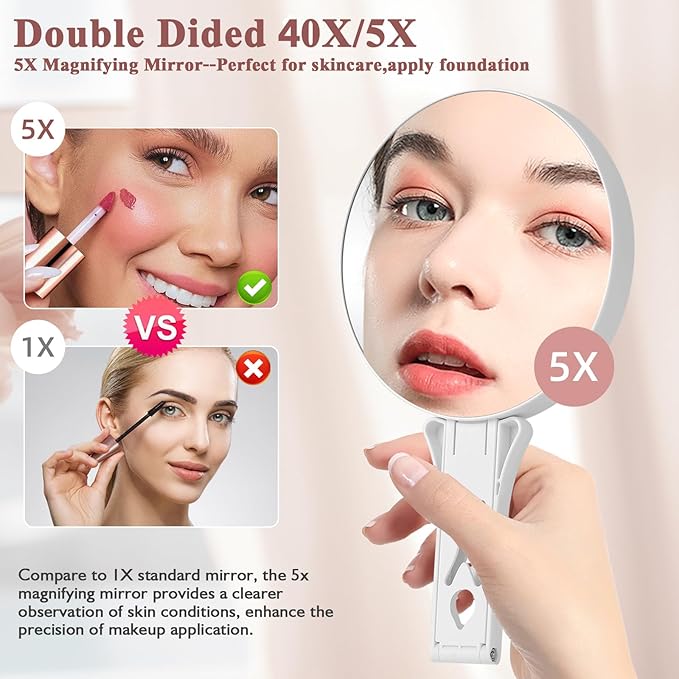 Magnifying Mirror 40X/5X Double Sided Hand Mirror, Precision Makeup at 40X Magnification & Overall View at 5X，Travel Handheld Magnified Makeup Mirror with Handle & Table Stand, Vanity Cosmetic Mirror