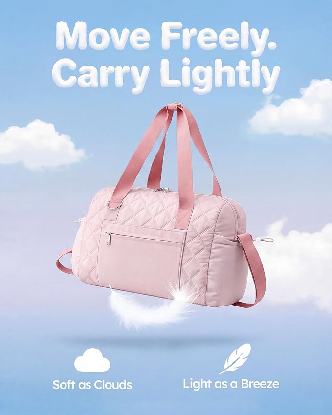 Small Gym Bag for Women, Mini Sports Duffle Bag for Workout Dance Ballet Yoga Gymnastics, Quilted Lightweight Puffer Travel Tote with Detachable Coin Purse & Wet Pocket, Pink