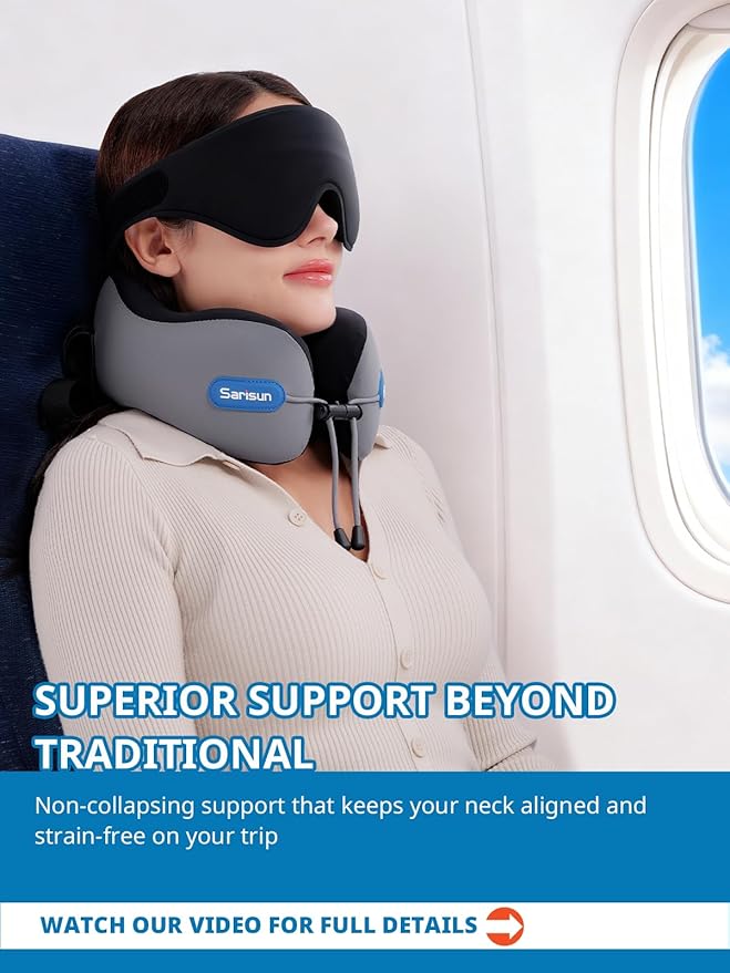 Neck Pillow, Real Neck Support Travel Pillow with Strap, Combo with 3D Eye Mask for Sleep, Dual-Density Supportive Foam Neck Pillow for Airplane Flights, Car Road Trip Travel Essentials Gray