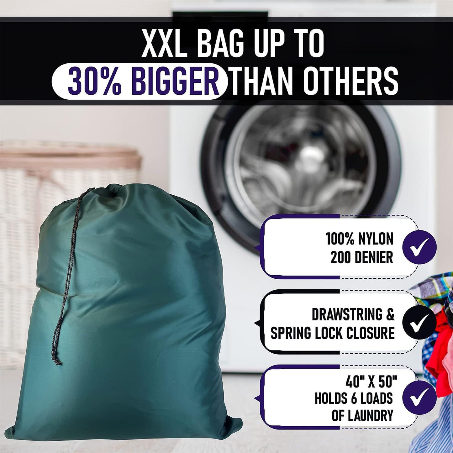Laundry Bag with Locking Closure Drawstring – Extra Large Heavy Duty 100% Nylon, Large & Foldable Clothes Sack – Lightweight Dirty Laundry Organizer for Travel, Dorm, Gym – L 40" x H 50" (GREEN)