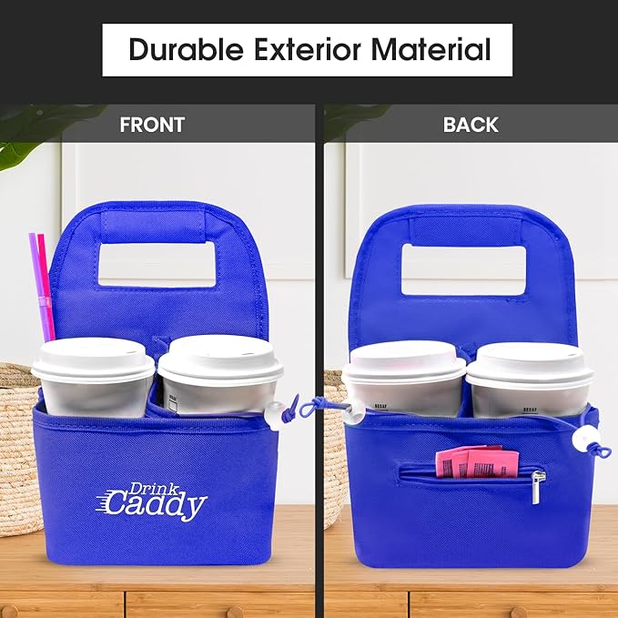 Drink Caddy Portable Drink Carrier and Reusable Coffee Cup Holder - 4 Cup Collapsible Tote Bag with Organizer Pockets Safely Secures Hot and Cold Beverages (Blue)