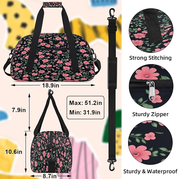 Kids Duffle Bag Girls Boys Pink Floral Seamless Weekender Overnight Bag,Lightweight Duffel Bags for Traveling Gym Sport Dance