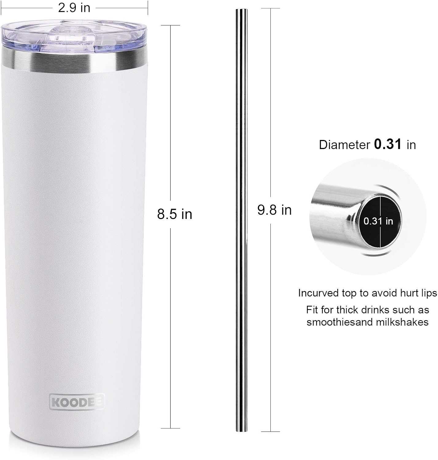 koodee 20 oz Skinny Tumblers (4 Pack) Stainless Steel Insulated Tumbler with Lids, Straws and Straw Brushes（Teal/Pink/Black/White）