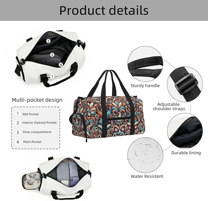 Tiki Masks Print Gym Bag with Shoe Compartment for Women Men, 17.7in Sports Duffle Weekender Tote, Overnight Travel Duffel Bag Carry On