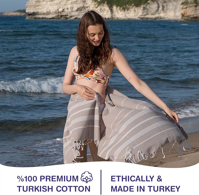 Turkish Beach Towels, Bulk Case of 36 | Oversized, Quick Dry, Sand Free | 100% Cotton, Large 38x71 Towels for Beach, Pool, Travel | Ultra-Soft, Compact, Absorbent | Light Brown