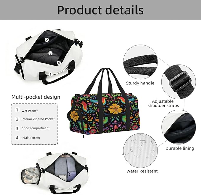Sports Gym Bag Mexican Colorful Birds Flowers Travel Duffel Bag With Shoe Compartment Shoulder Strap, Lightweight Water-Resistant Weekend Overnight Totes For Women Men