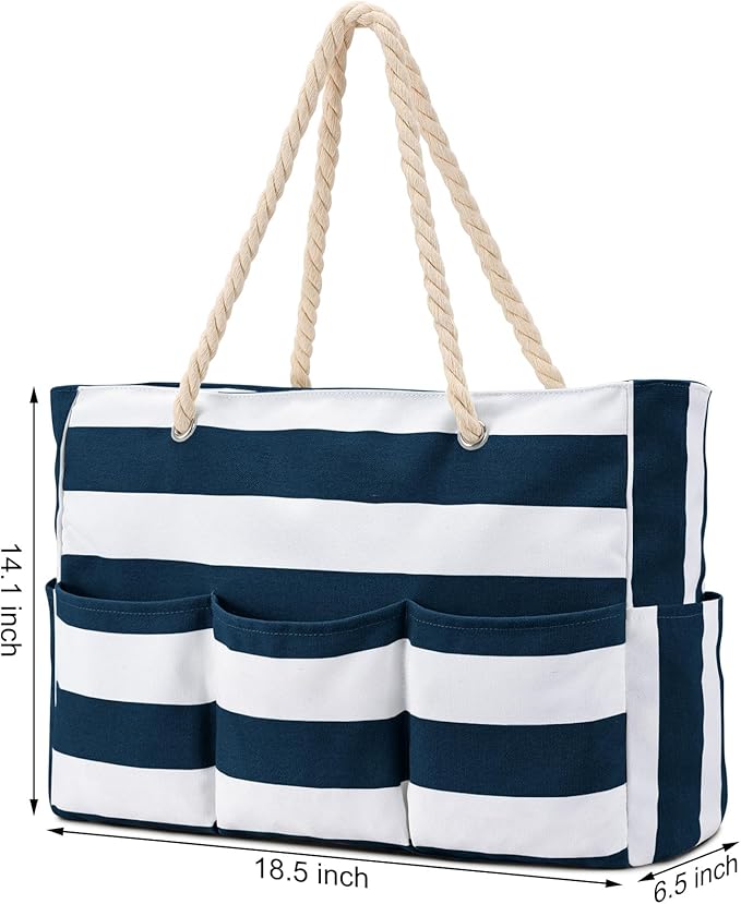 Becokan Beach Bags for Women Canvas Large Beach Tote Bag Zipper Waterproof Sandproof Foldable Swim Pool Bag with 7 Pockets