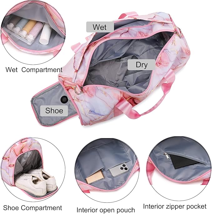 Duffle Bag for Girls Dance Ballet Travel Overnight Sports Gym Bag with Separate Dry Wet Pocket and Shoes Compartment