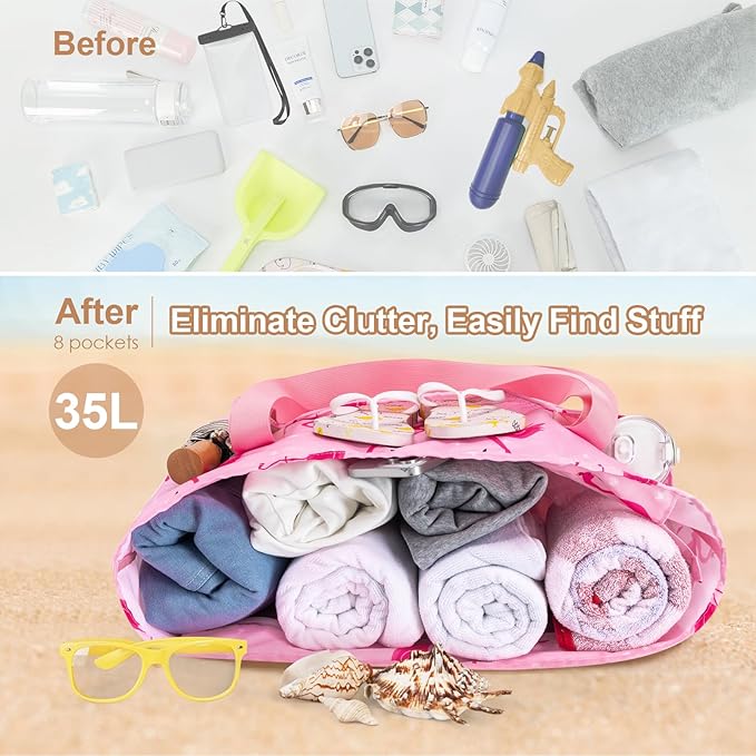 KABAQOO Large Beach Bag Waterproof Sandproof Tote Bag for Women with Zipper & Mesh Pockets for Pool Swim Travel Everyday