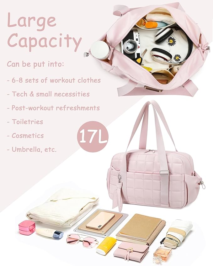 CAMTOP Mini Gym Bag for Women, Small Gym Tote Bag Puffy Quilted Sports Duffel Bag with Wet Compartment and Coin Purse Duffel Bags Dance Yoga Workout Bag for Gifts (Pink, Medium-16")