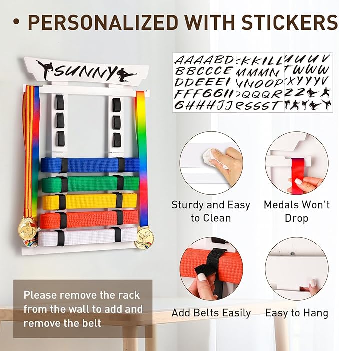 Tilhumt 8 Belt Karate Belt Display Rack with Medal Hanger and Stickers, Taekwondo Belt Display Holder, Martial Arts Belt Display Organizer for Adults, No Assembly Required (Bamboo/Acrylic)