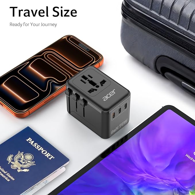 Acer 70W GaN Universal Travel Plug Adapter - International Power Adapter with 3 USB C & 1 USB A, Worldwide Power Outlet Travel Essentials for USA to European UK AUS Ireland, Type C/G/I/A, Black