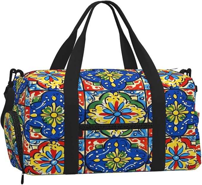 Sports Gym Bag Mexican Talavera Tiles Flower Travel Duffel Bag With Shoe Compartment Shoulder Strap, Lightweight Water-Resistant Weekend Overnight Totes For Women Men