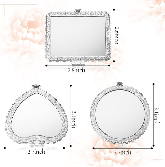 Blulu 9 Pcs Vintage Floral Compact Mirror for Purse Bulk Small Folding Pocket Mirror Portable for Women Christmas Makeup Beauty Gifts, Round Square Heart(Silver,Peony Pattern)