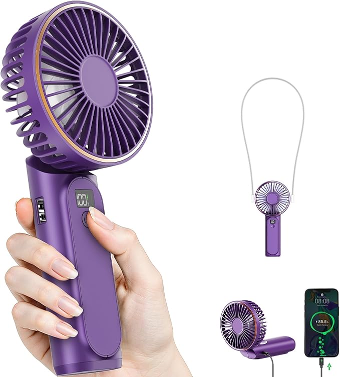 Portable Handheld Fan, 4000mAh, 180 Adjustable, 6 Speed Wind, USB Rechargeable Foldable Fan with Real-Time Electricity Display
