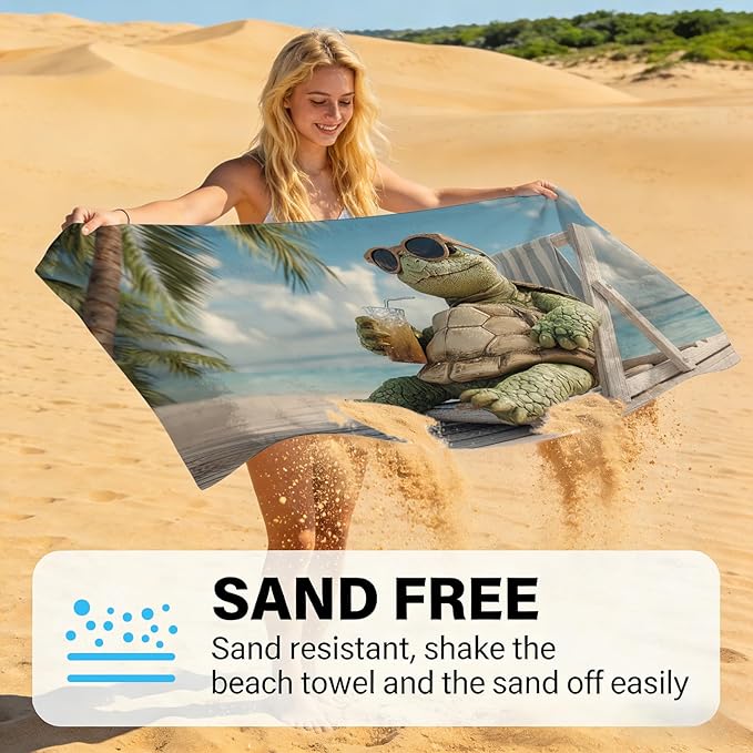 SARA NELL Turtle Beach Towel, Relaxing Sea Turtle with Sunglasses and Drink Print, Summer Pool Beach Towel for Vacation, Soft Quick Dry Lightweight, 32"x52"