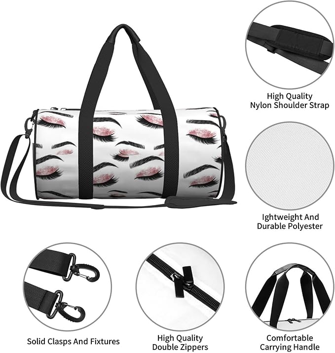 Sports Gym Bag Travel Duffel Bag Closed Eyes Lashes Rose Gold Black Eyelash White for Men Women Foldable Lightweight Yoga Gym Sports Bag