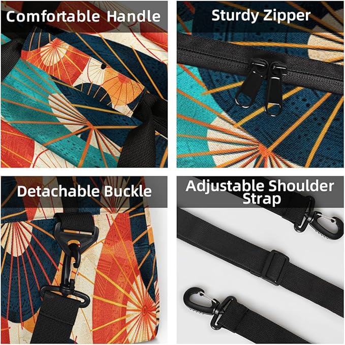 Duffle Bag for Women Men, Colorful Japanese Umbrella Print Gym Bag for Travel Sports, Lightweight Waterproof Weekender Overnight Bags with Adjustable Strap