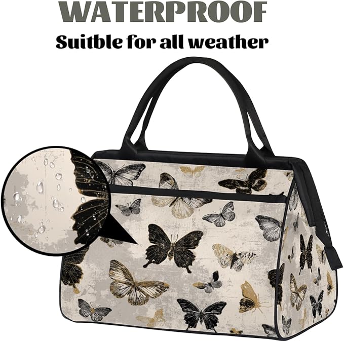 Vintage Gold Black Butterfly Overnight Weekender Bags for Women Men, Waterproof Travel Carry On Duffel Bag, Lightweight Sports Gym Bag for Fitness, Workout, Travel