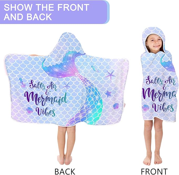 Bonsai Tree Mermaid Kids Hooded Beach Towel, Mermaid Tail Microfiber Hooded Poncho Towel for Girls 30”x50”, Mermaid Scales Pink Soft Absorbent Bath Towels Bathrobe with Hood for Swin Pool