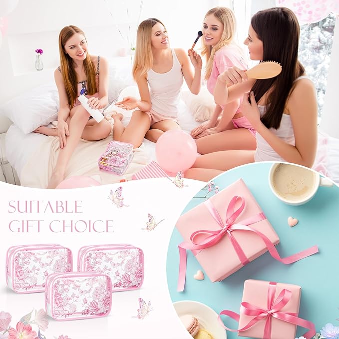 Set of 10 Clear Floral Cosmetic Bags PVC Makeup Bags Waterproof Travel Organizer Toiletry Pouches for Wedding Birthday Baby Shower Party Ideal Gift for Women Nurse Bridesmaid(Pink)