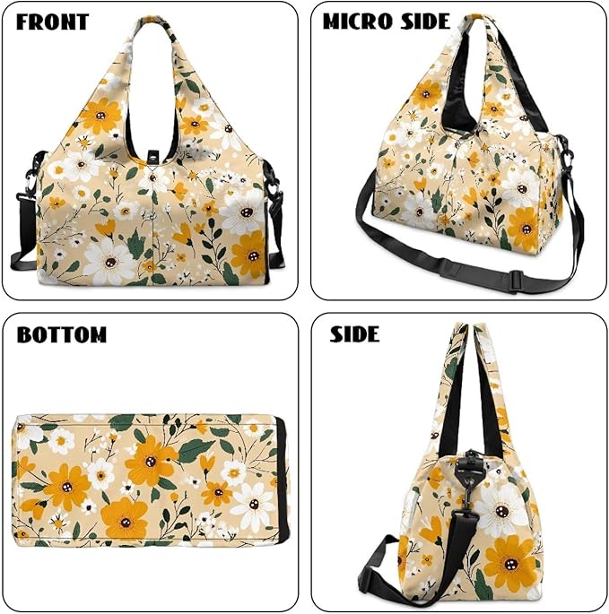 White Daisy Duffle Bag Women with Shoe Compartment and Yoga Mat Holder Yellow Sports Duffel Bag with Wet Pockets for Women, Stylish Portable Fitness Sport Tote Bag