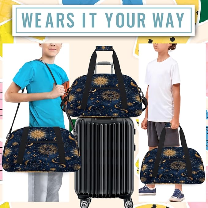 Kids Duffle Bag Girls Boys Bohemian Starry Sky Suns Moon Stars Weekender Overnight Bag,Lightweight Duffel Bags for Traveling Gym Sport Dance